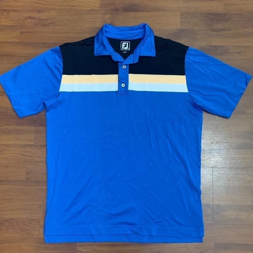 Footjoy FJ Athletic Fit Golf Polo Blue Colorblock Performance Shirt Size Large